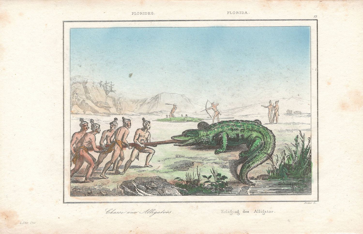 1837 View of Native Peoples Plate # 13 Hunting Alligators  - from Etats Unis D&#39;Amerique Dutch Edition