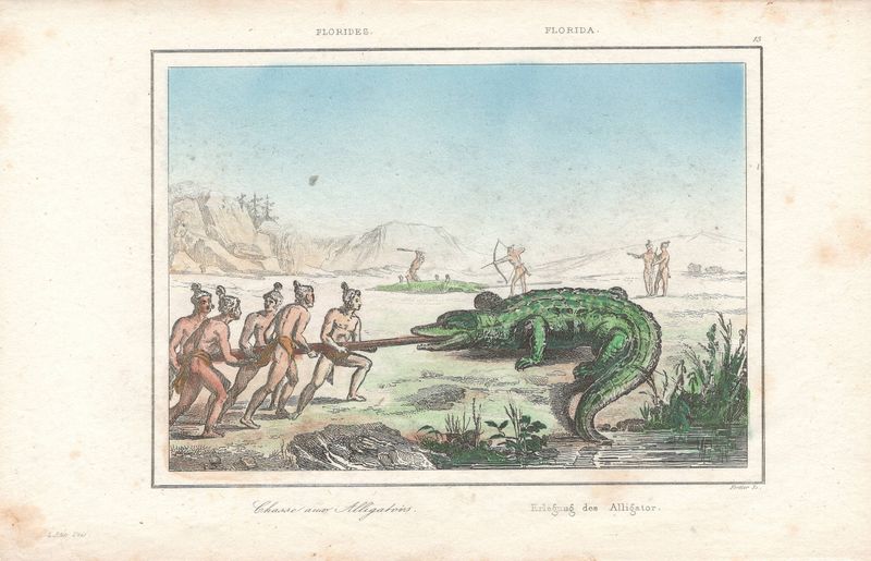 1837 View of Native Peoples Plate # 13 Hunting Alligators  - from Etats Unis D'Amerique Dutch Edition