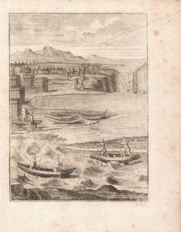 1790 (1753) View of Canoers upon the Niagra Falls from Common History of Lands &amp; People of America by Gebauer