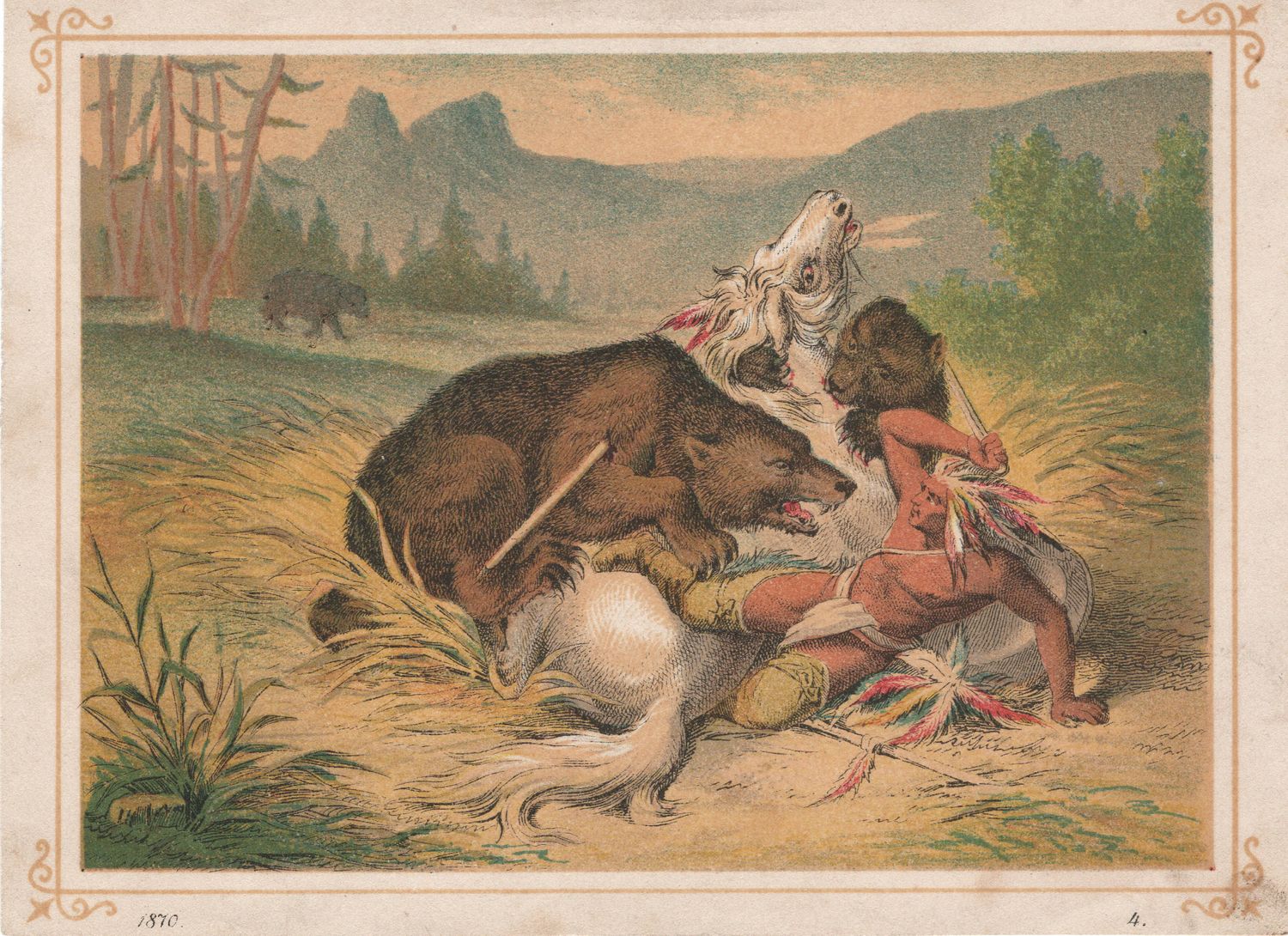 1870 View of Bears Attacking an Indian Rider &amp; Horse in Chromolithography
