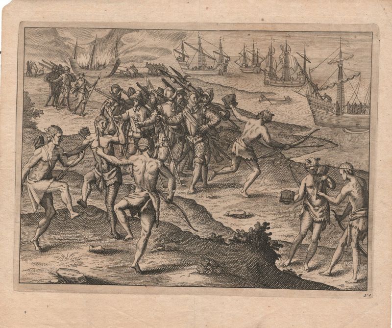 1733 View of the Spaniards Arriving in America