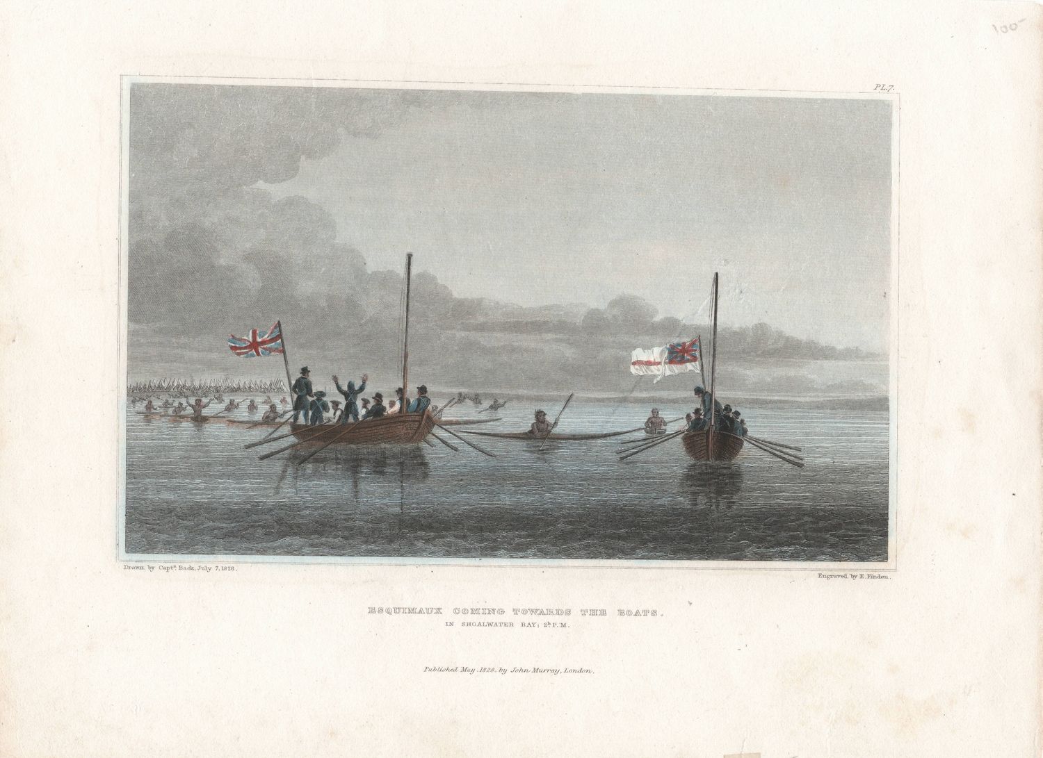 1828 View of Esquimaux Coming Towards the Boats in Shoalwater Bay by John Murray