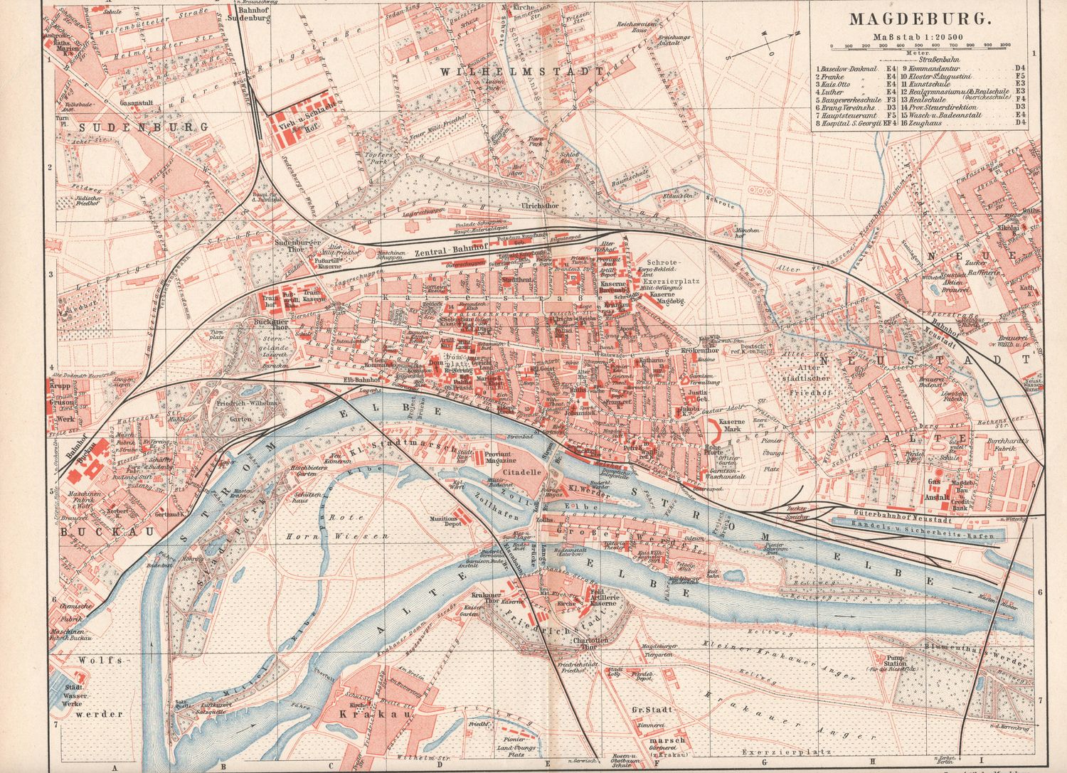 1909 Map of Magdeburg, Germany from a Leipzig Atlas