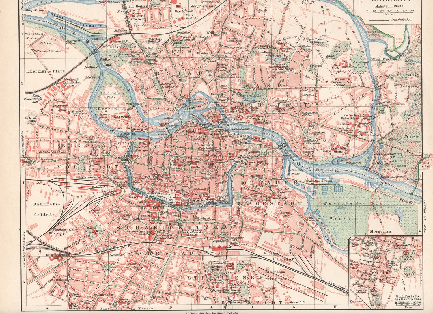 1909  Map of Breslau, Germany from a Leipzig Atlas