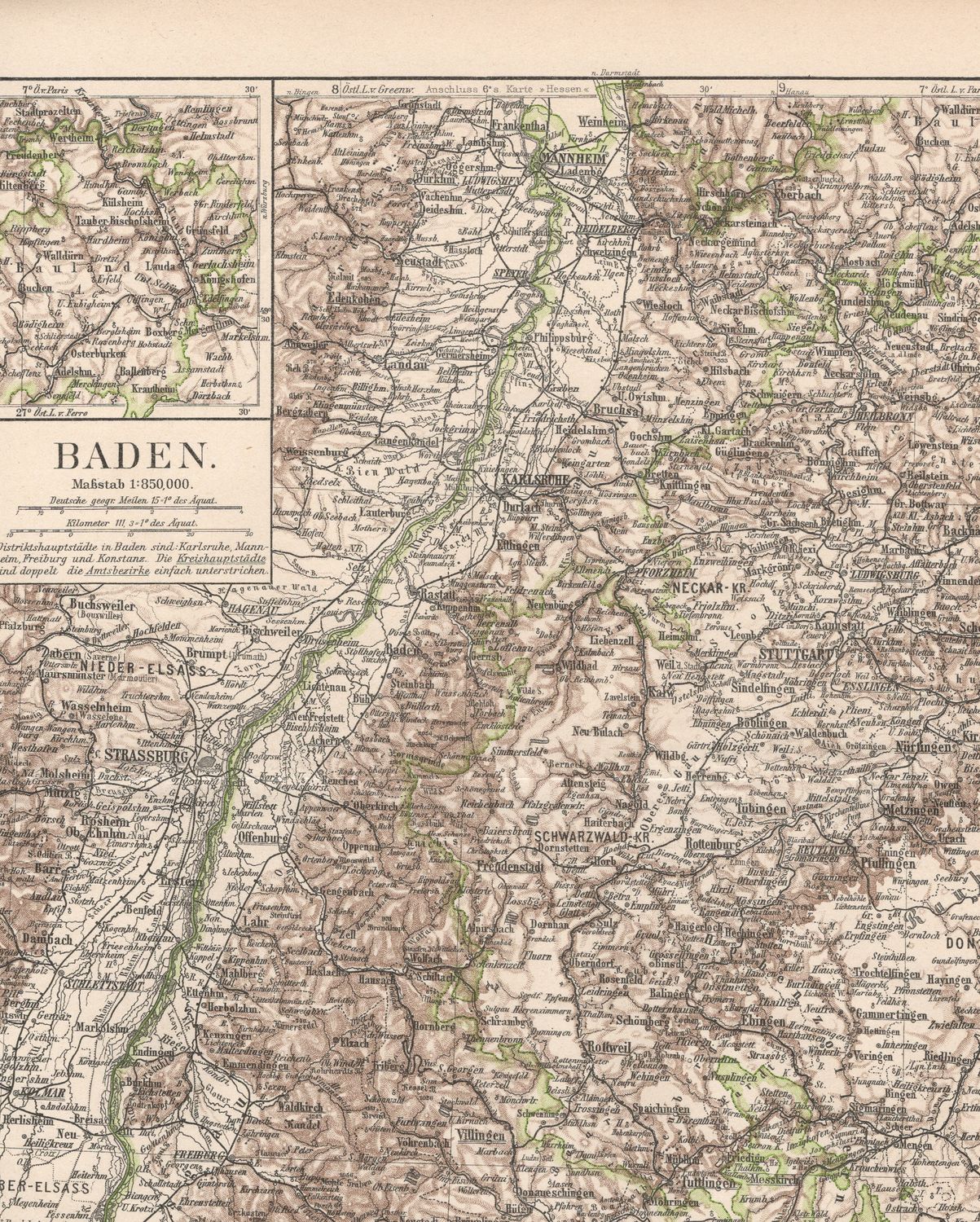 1909 Map of Baden, Germany from a Leipzig Atlas