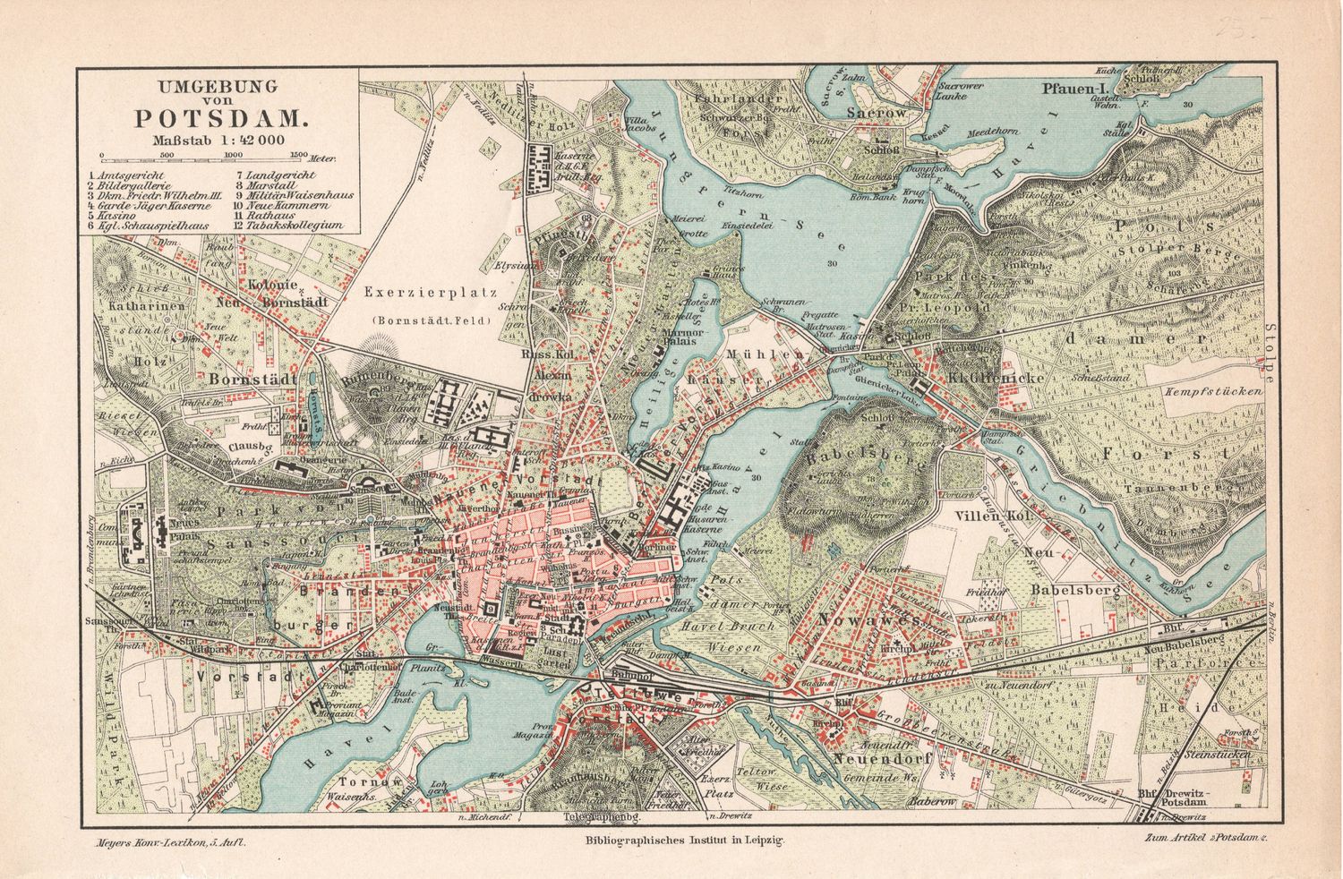 1909 Map of Potsdam, Germany from a Leipzig Atlas