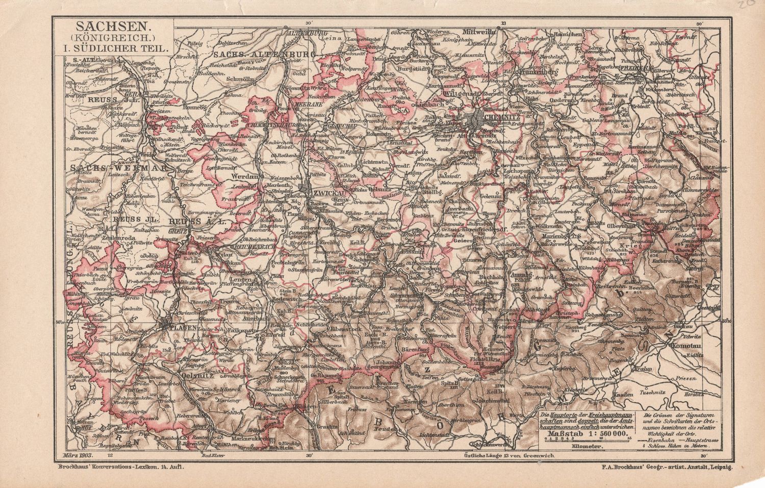 1903 Map of Sachsen, Germany from a Leipzig Atlas
