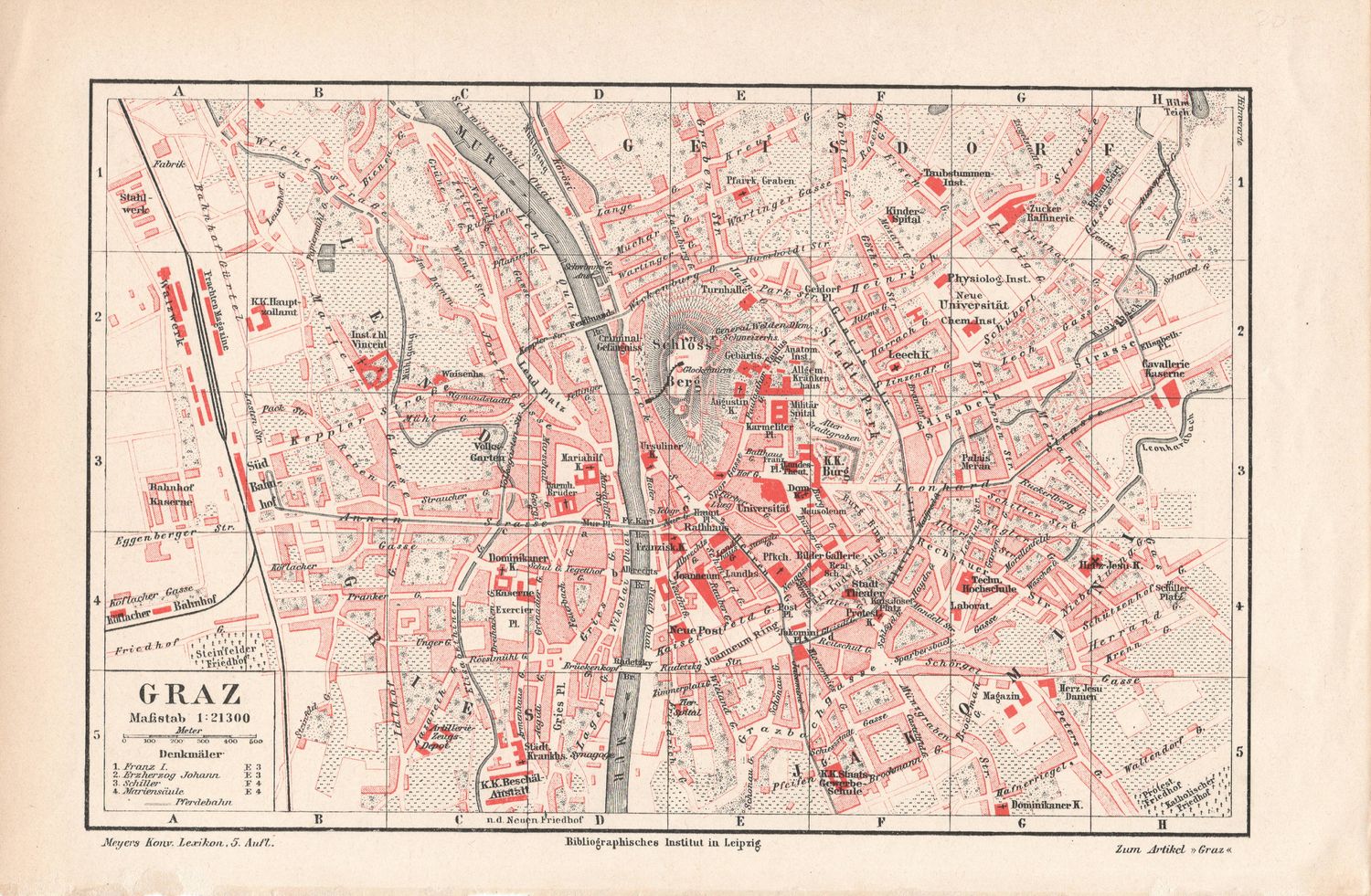 1909 Map of Graz, Austria from a Leipzig Atlas