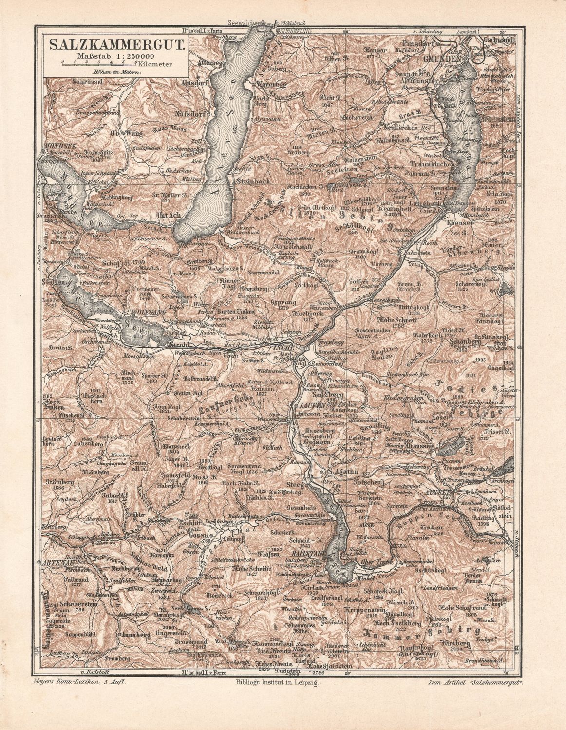 1909 Map of Salzkammergut , Austria from a Leipzig Atlas