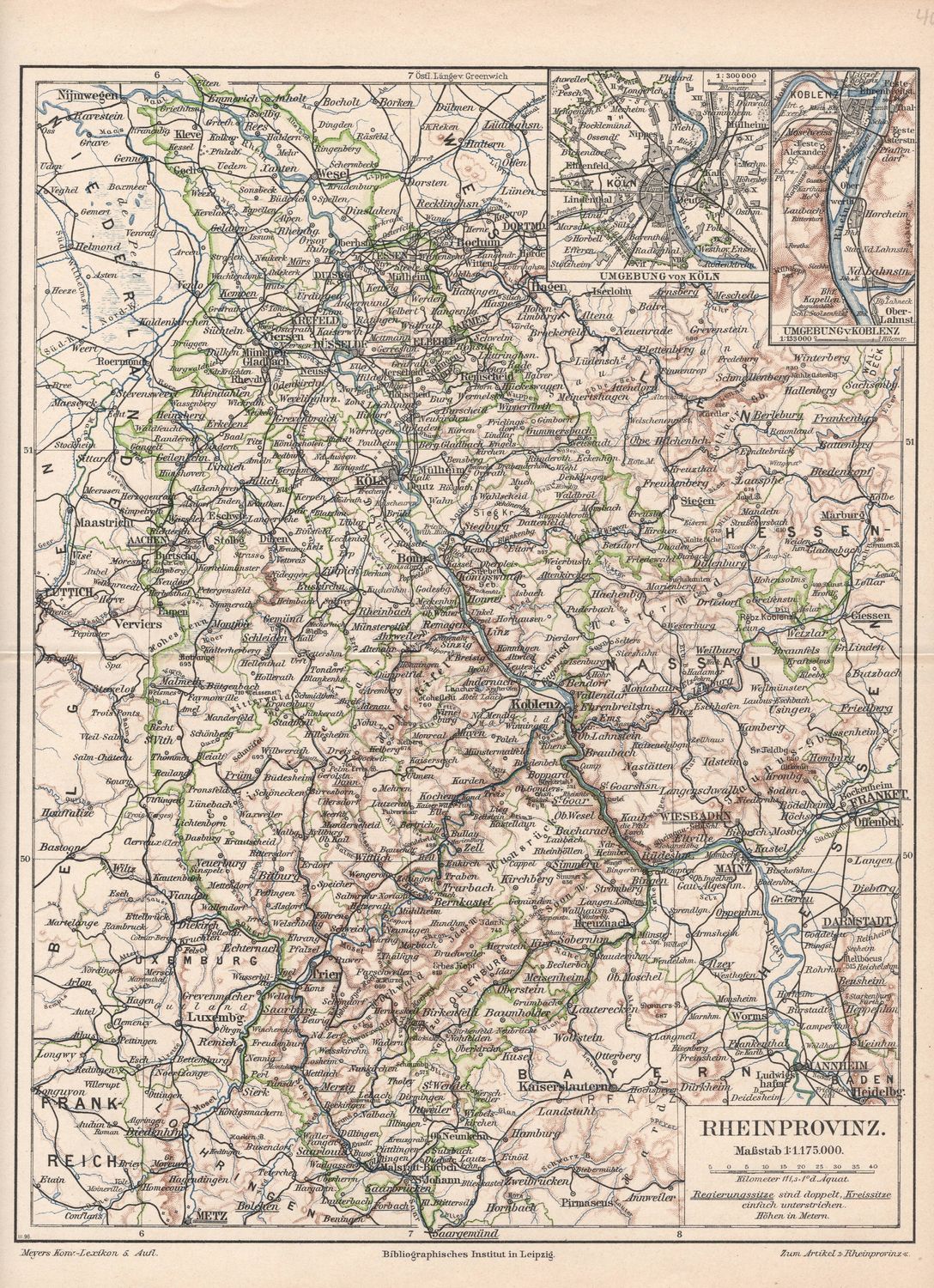 1909 Map of Rheinprovinz Germany from a Leipzig Atlas