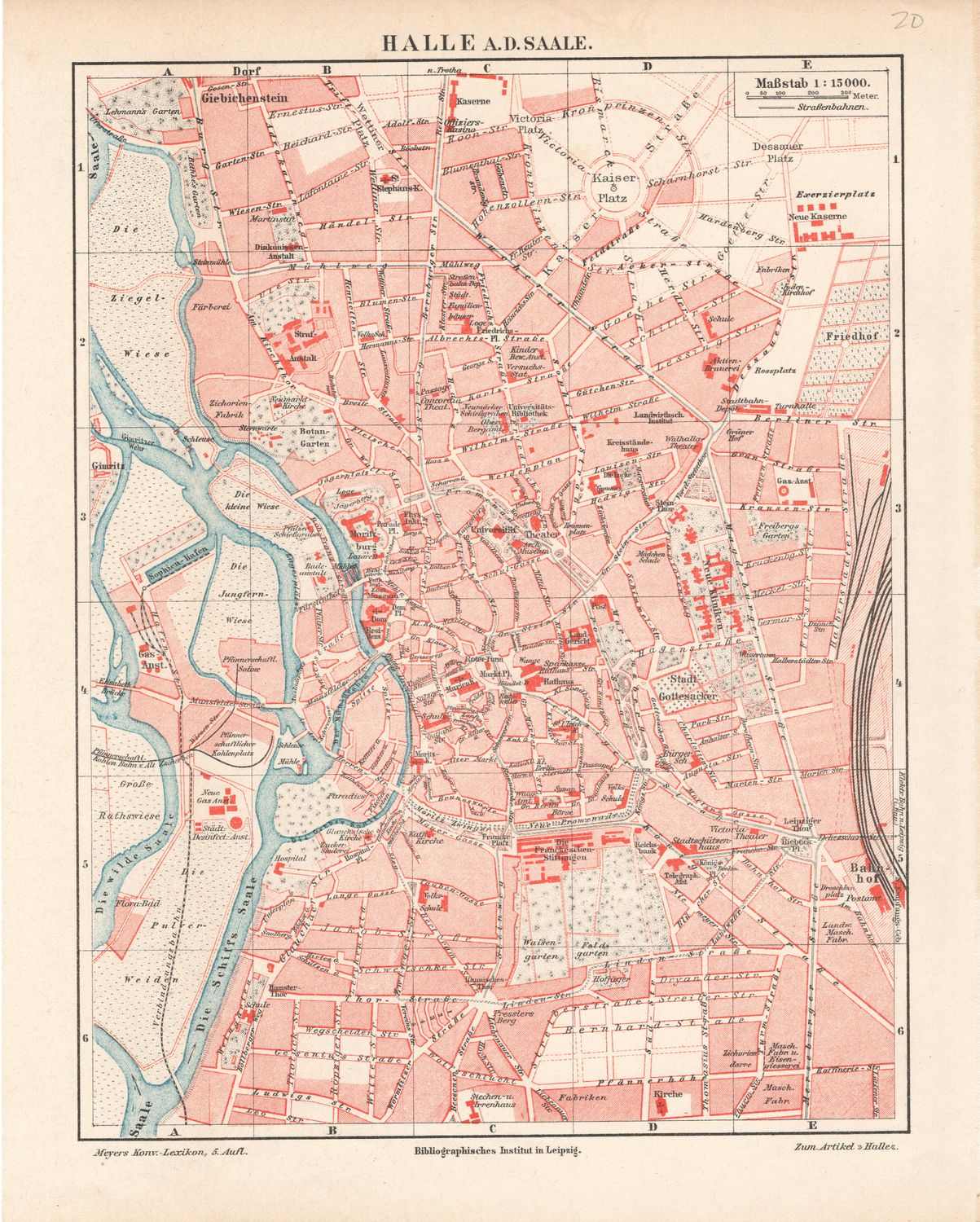 1909 Map of Halle, Germany from a Leipzig Atlas