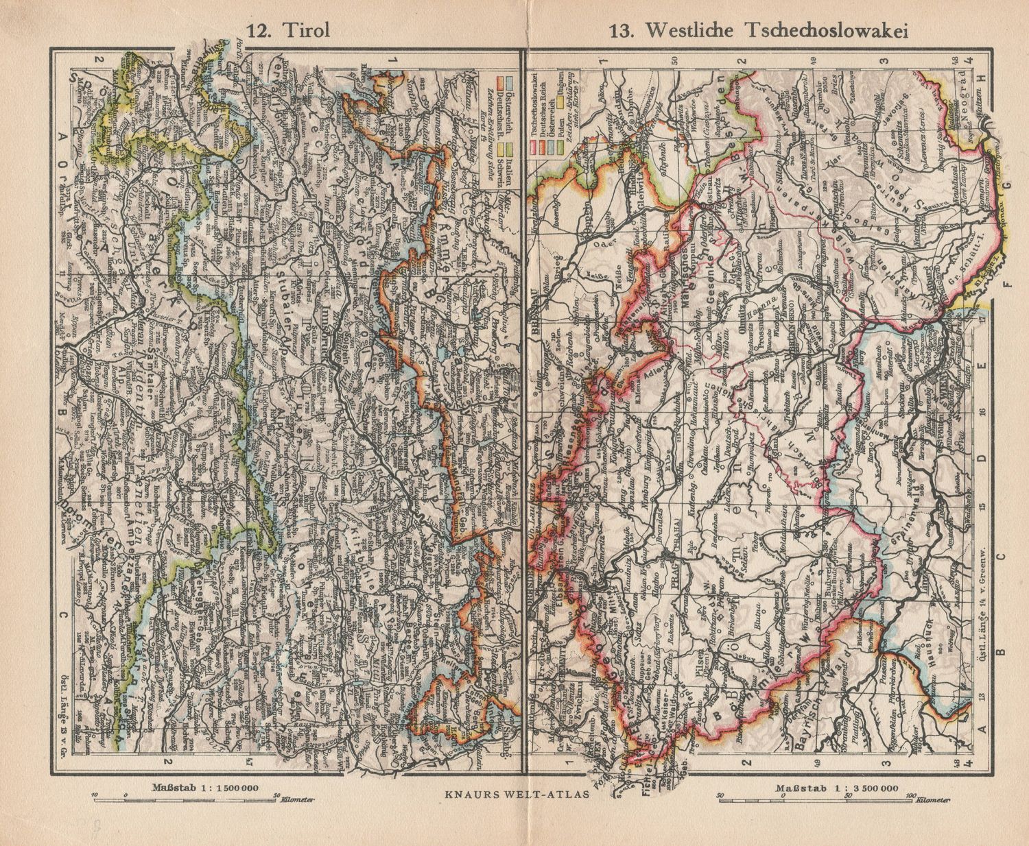 1926 Map of Bohmen &amp; Mahren, Germany from a Leipzig Atlas