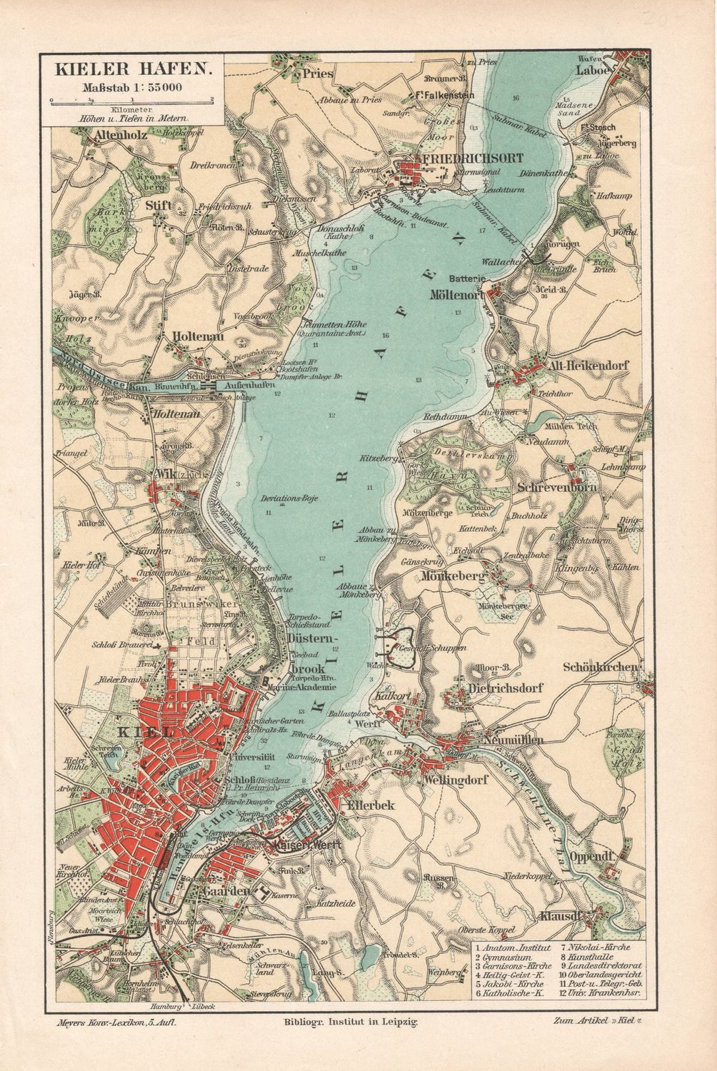 1909 Map of Kieler Hafen, Germany from a Leipzig Atlas