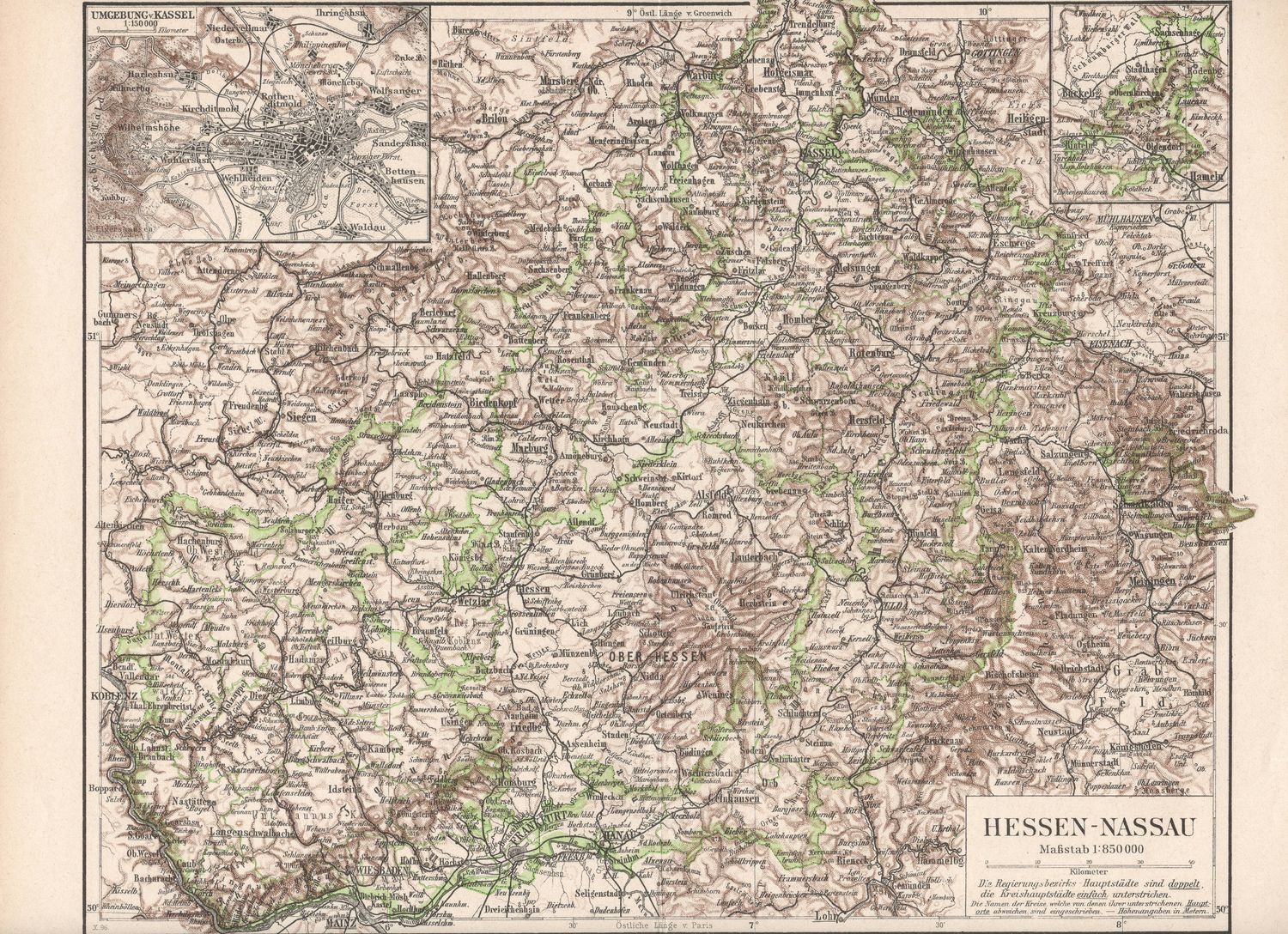 1909 Map of Hessen-Nassau Germany from a Leipzig Atlas