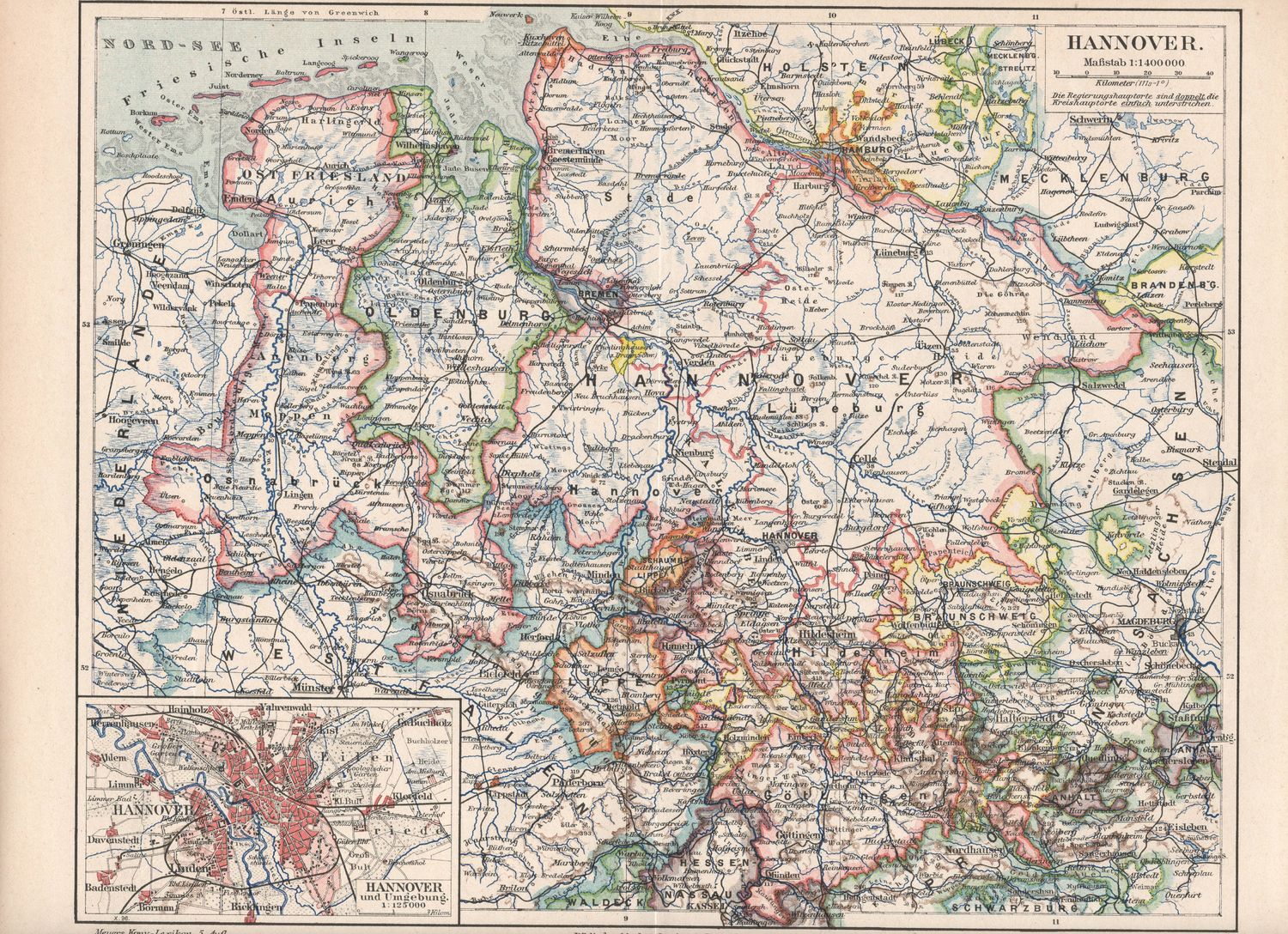 1909 Map of Hannover, Germany from a Leipzig Atlas