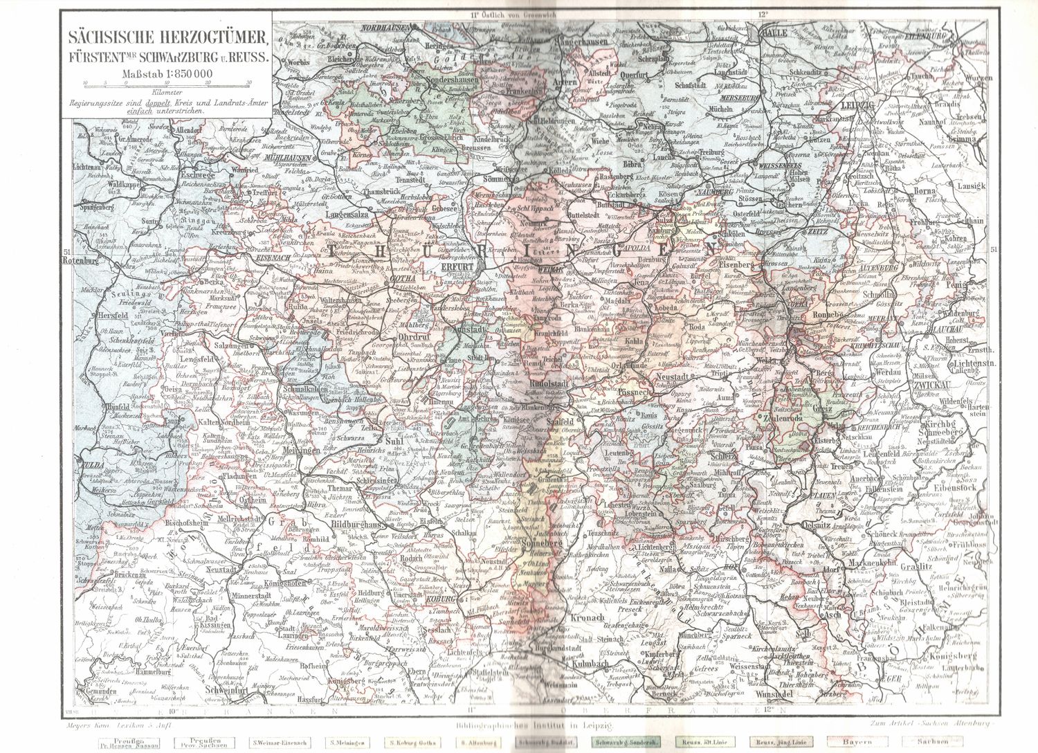 1900 Map of Sachsische Herzogtumer from a Meyers Atlas