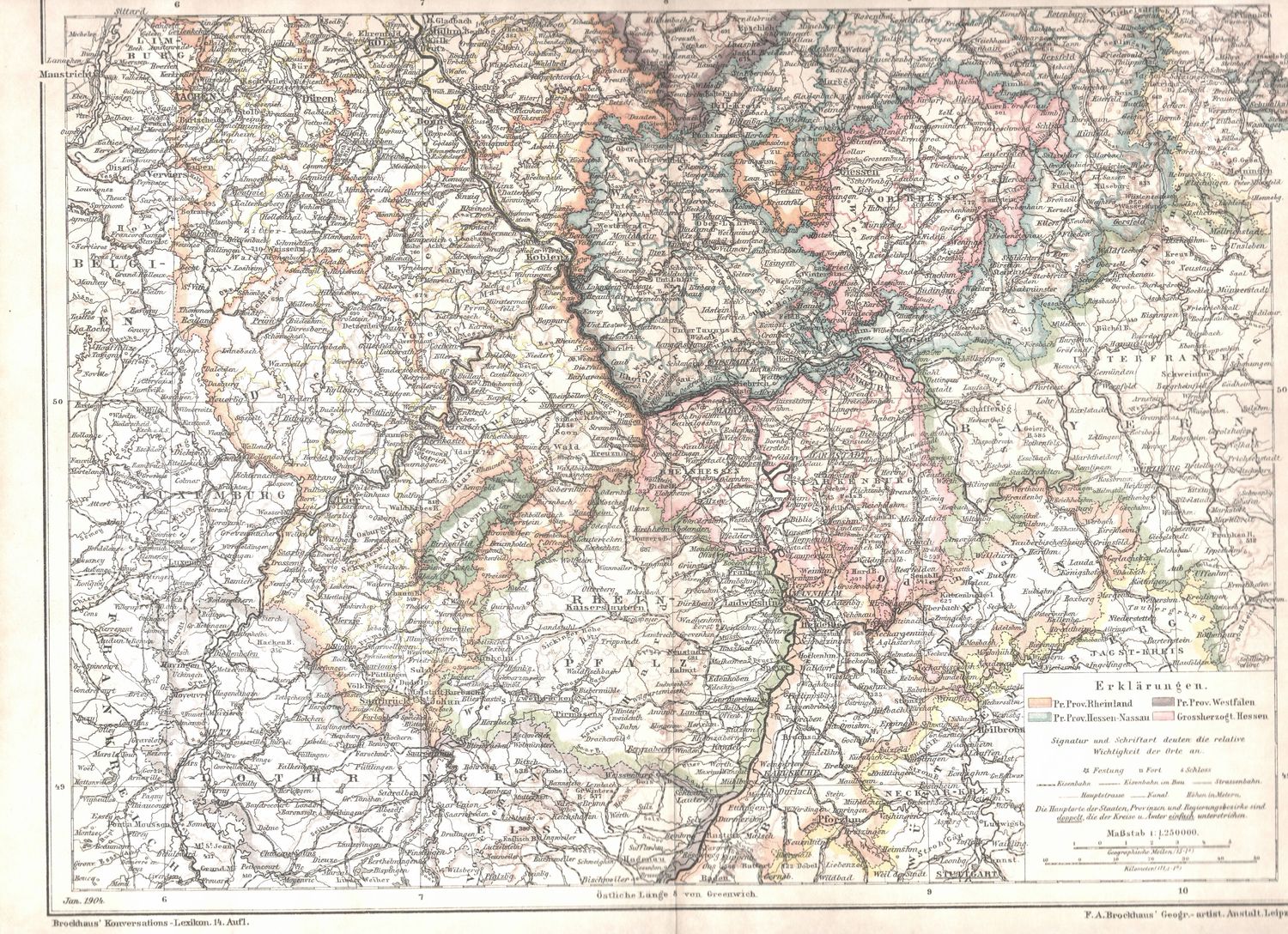 1904 Map of Rheinplanz, Westfalen, Hessen-Nassau from a Brockhaus Atlas