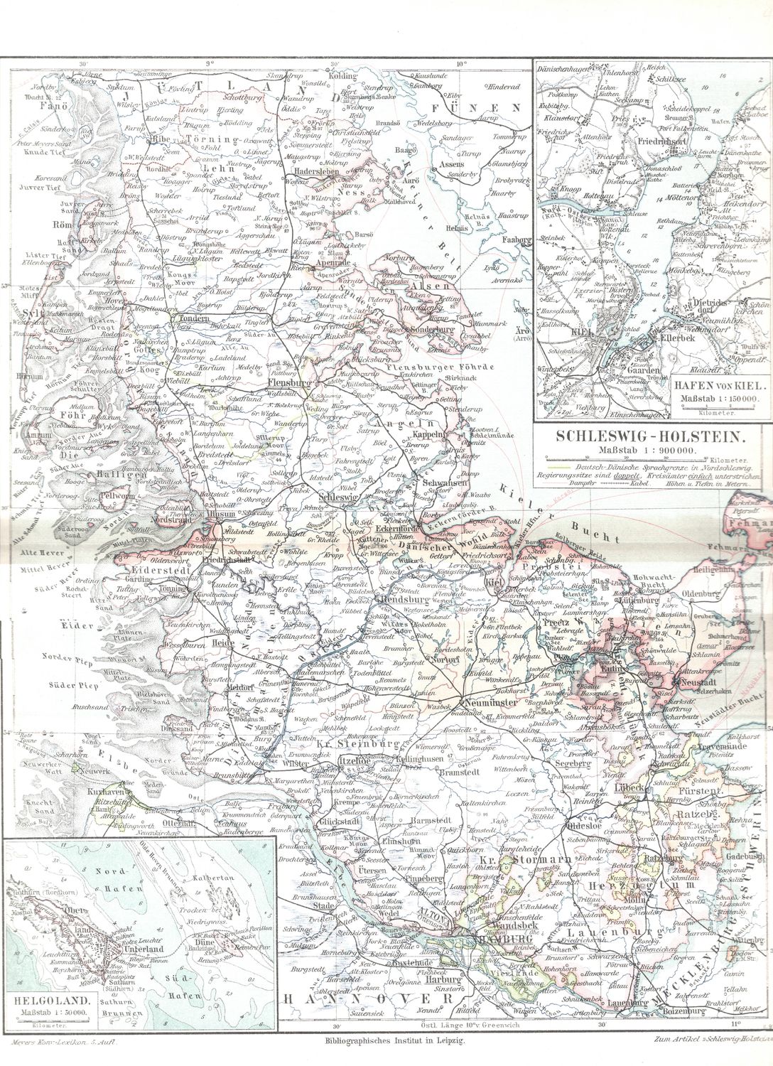 1900  Map of Schleswig-Holstien Germany from a Leipzig Atlas