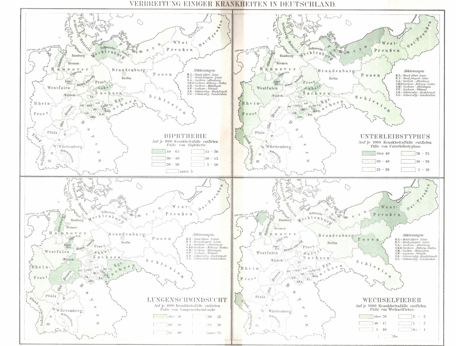 1909 Map of Diseases within Germany from a Leipzig Atlas