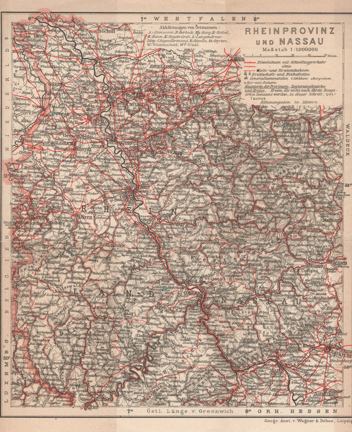 1900 Map of Rhein Province &amp;  Nassau by Wagner &amp; Debes