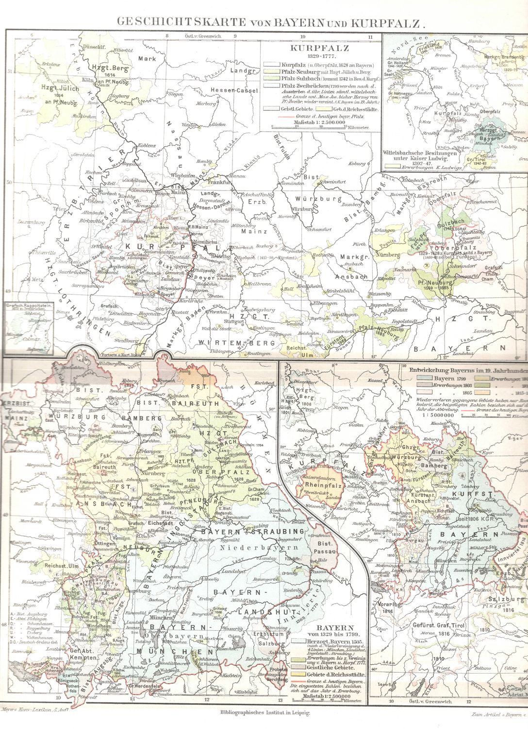 1900 Map of the History of Bayern &amp; Kurpfalz from a Leipzig Atlas