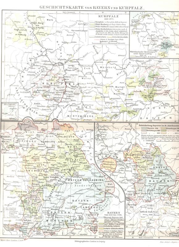 1900 Map of the History of Bayern &amp; Kurpfalz from a Leipzig Atlas