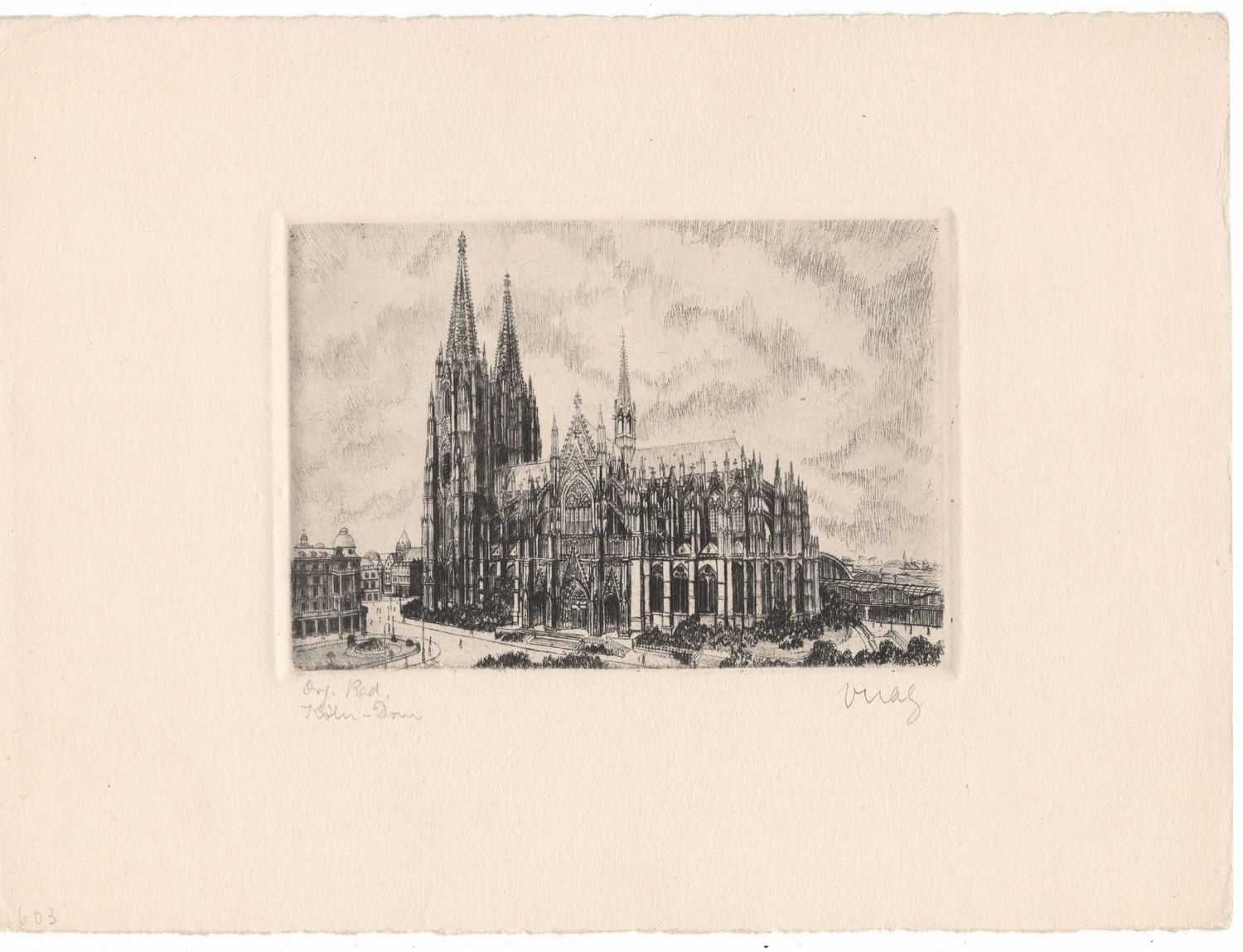 1910 View of the Cathedral in Koln - a signed dry point etching