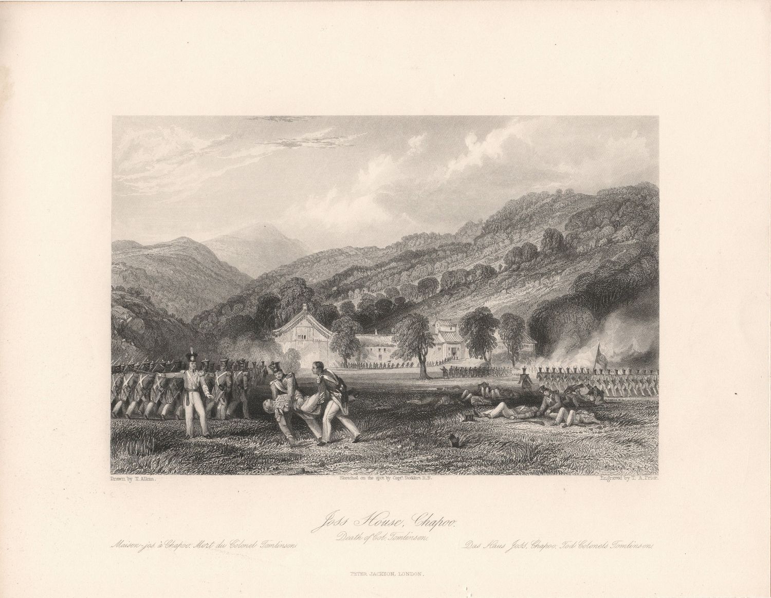 1844 View of the Death of Col. Thomlinson by the Joss House in Chapoo from Thomas Allom