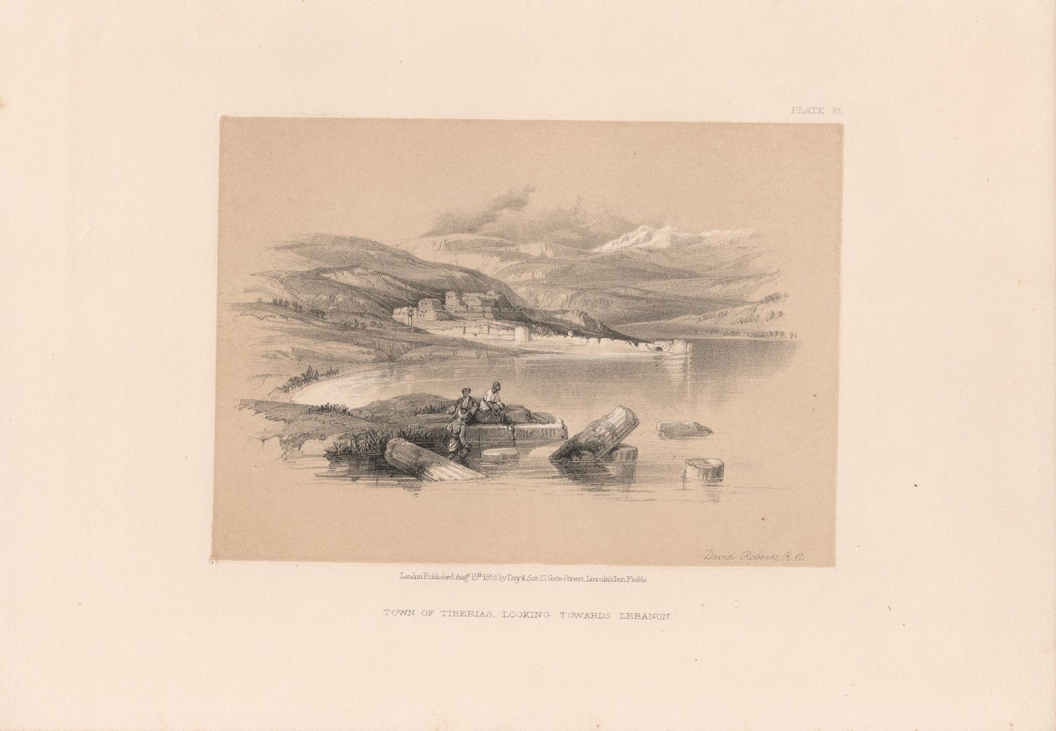 1856 Views of the Holy Land, Egypt &amp; Nubia by David Roberts - Plate #35 Town of Tiberias looking towards Lebenon
