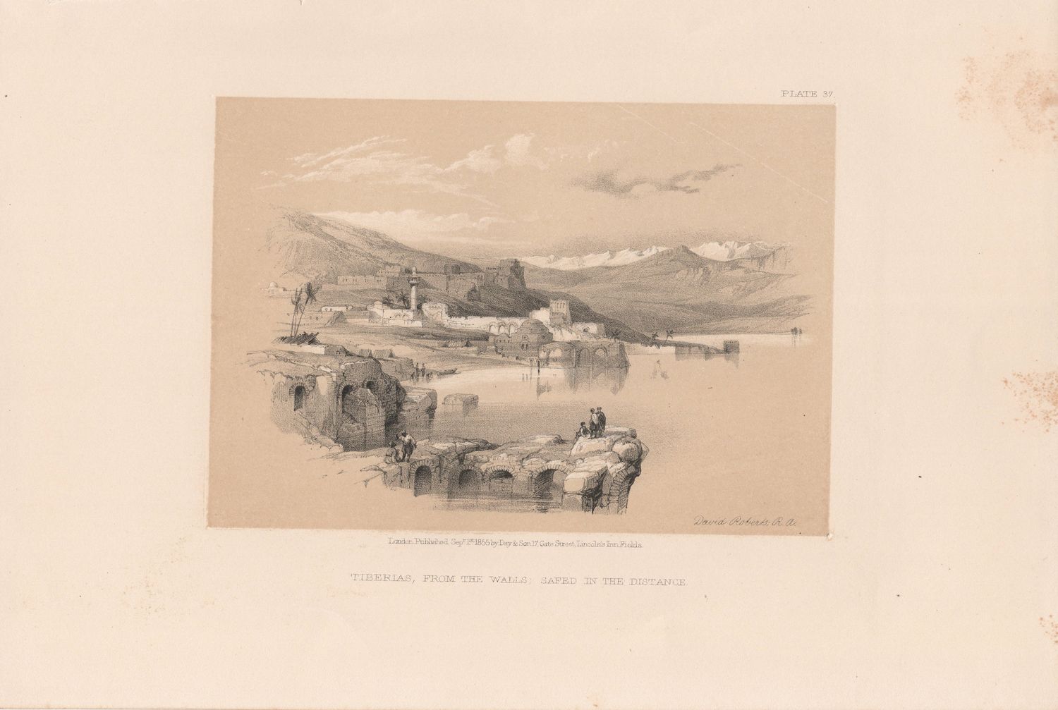 1856 Views of the Holy Land, Egypt &amp; Nubia by David Roberts - Plate #37 Tiberias from the Walls,  Safed in the Distance
