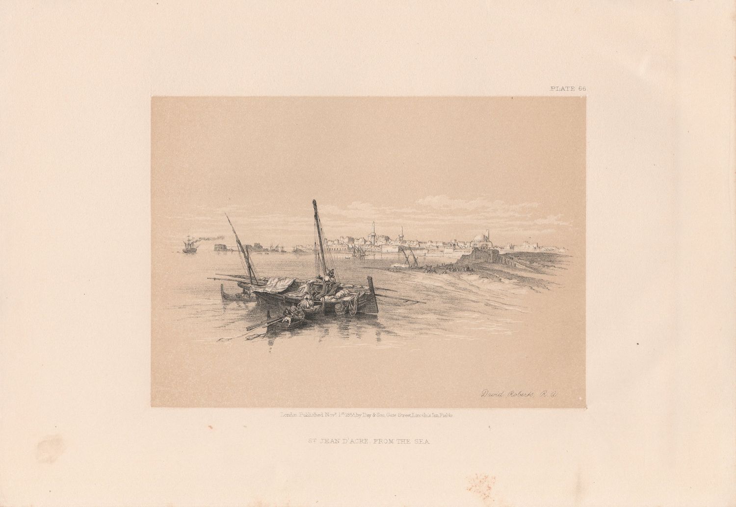 1856 Views of the Holy Land, Egypt &amp; Nubia by David Roberts - Plate #66 St Jean D'Acre from the Sea