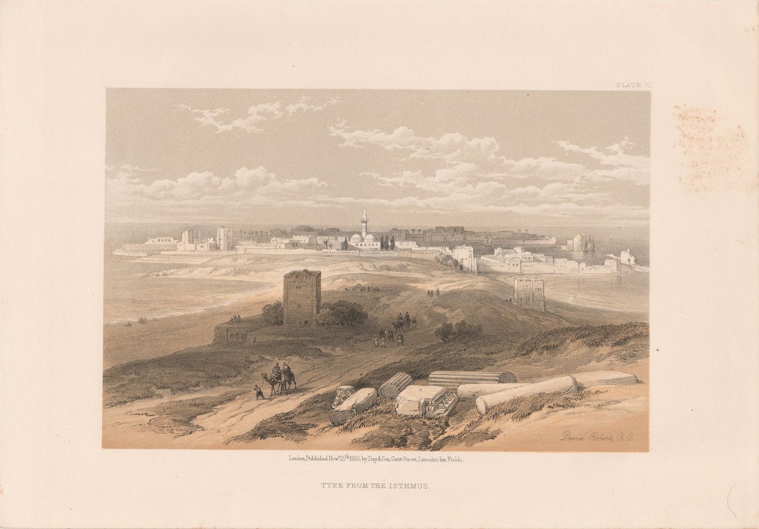 1856 Views of the Holy Land, Egypt &amp; Nubia by David Roberts - Plate #71 Tyre from the Isthmus
