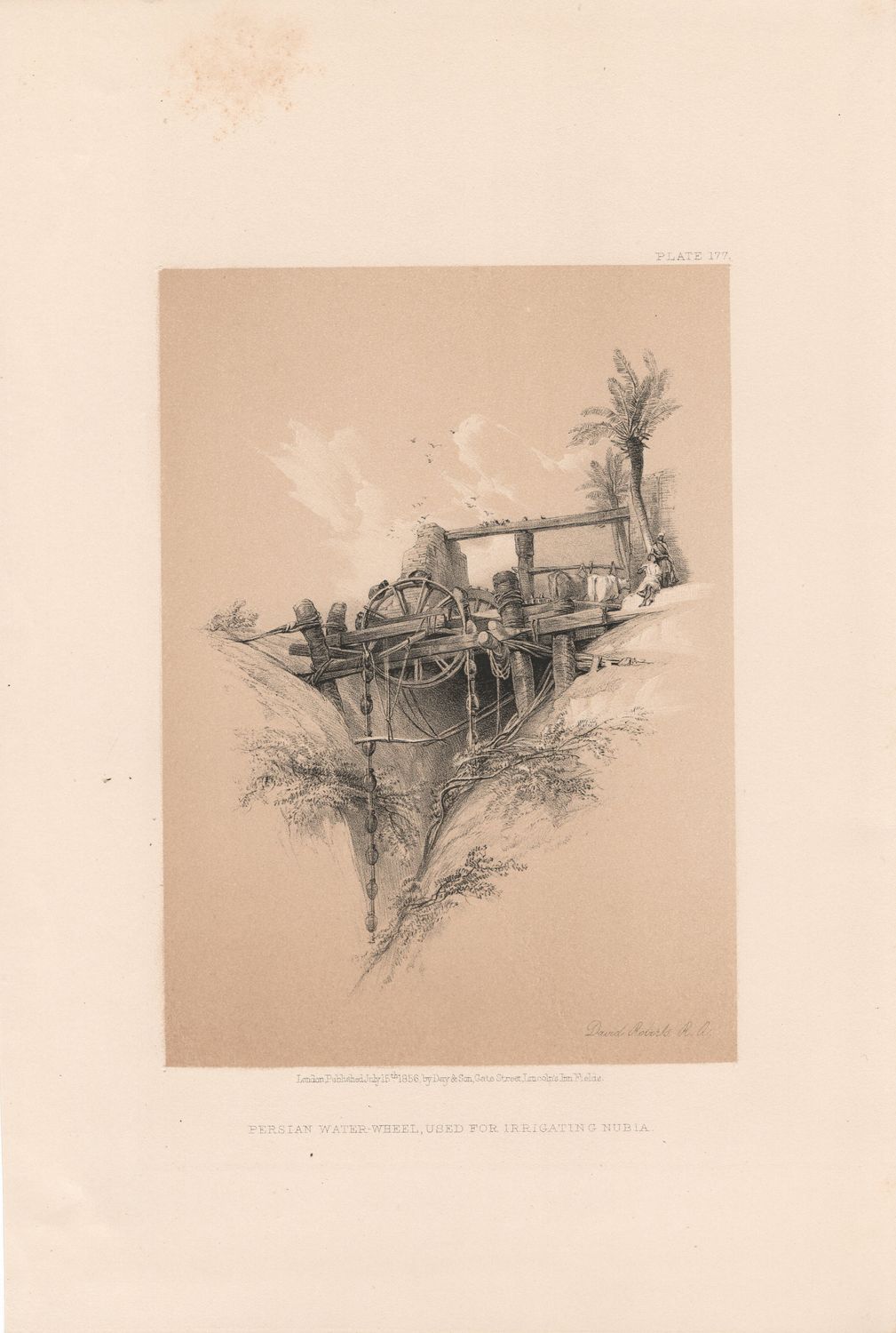 1856 Views of the Holy Land, Egypt &amp; Nubia by David Roberts - Plate # 177 Persian Water Wheel , Nubia