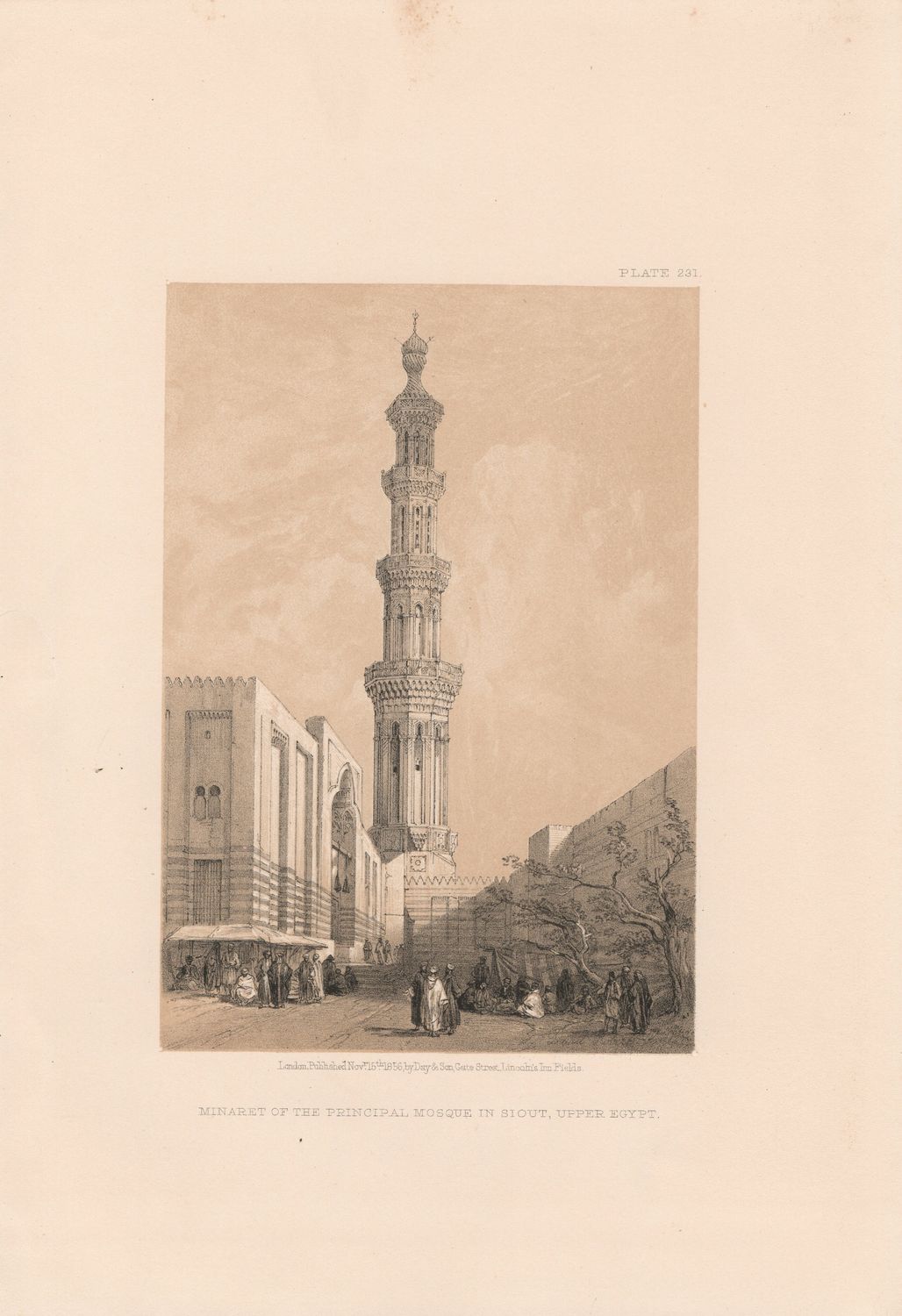 1856 Views of the Holy Land, Egypt &amp; Nubia by David Roberts - Plate # 231 Mineret of the Principal Mosque in Siout