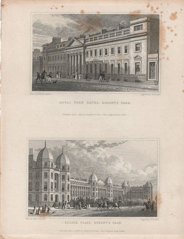 1829 View from " London and its Environs " by T. Shepherd - Regents Park , Royal York Baths &amp; Sussex Place
