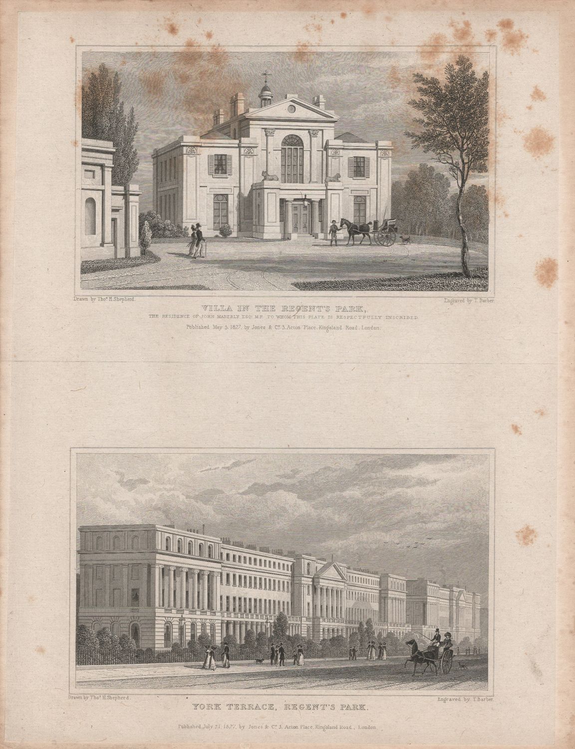 1829 View from &quot; London and its Environs &quot; by T. Shepherd - Regents Park , Villa &amp; York Terrace