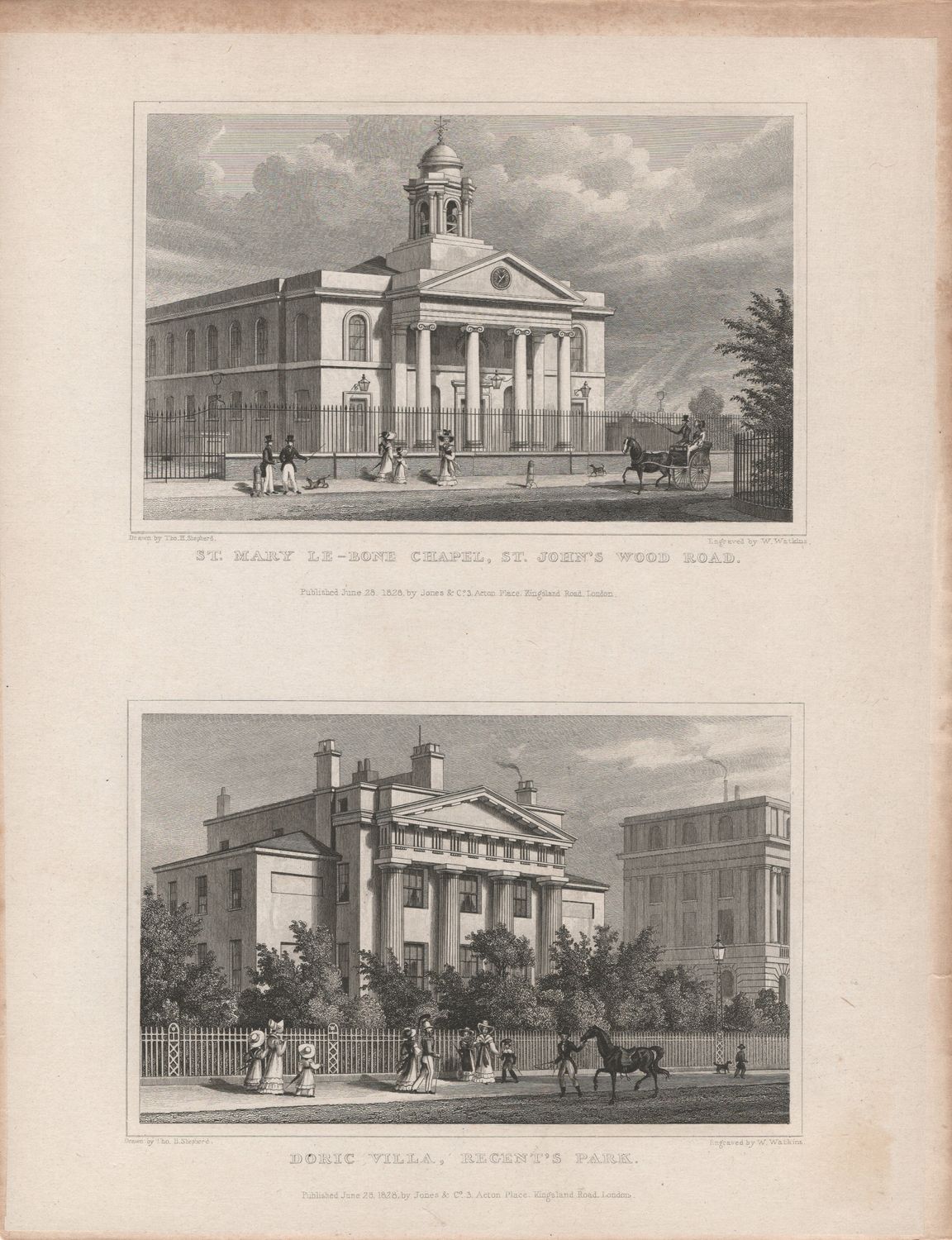 1829 View from &quot; London and its Environs &quot; by T. Shepherd - Regents Park , Doric Villa &amp; St Mary-le-Bone Chapel