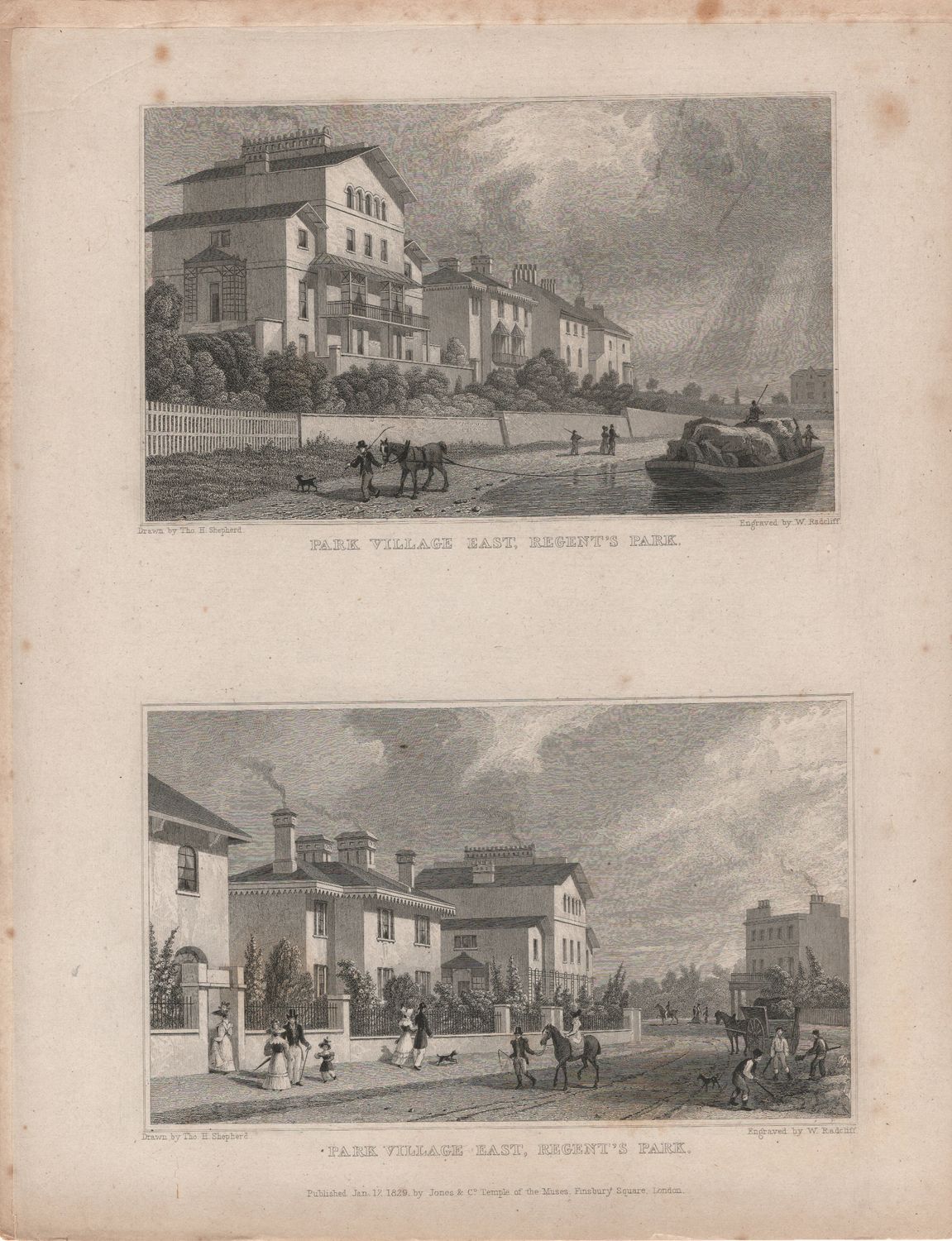 1829 View from &quot; London and its Environs &quot; by T. Shepherd - Regents Park , Park Village East