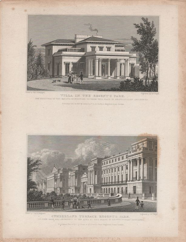 1829 View from " London and its Environs " by T. Shepherd - Regents Park ,  Villa &amp; Cumberland Terrace