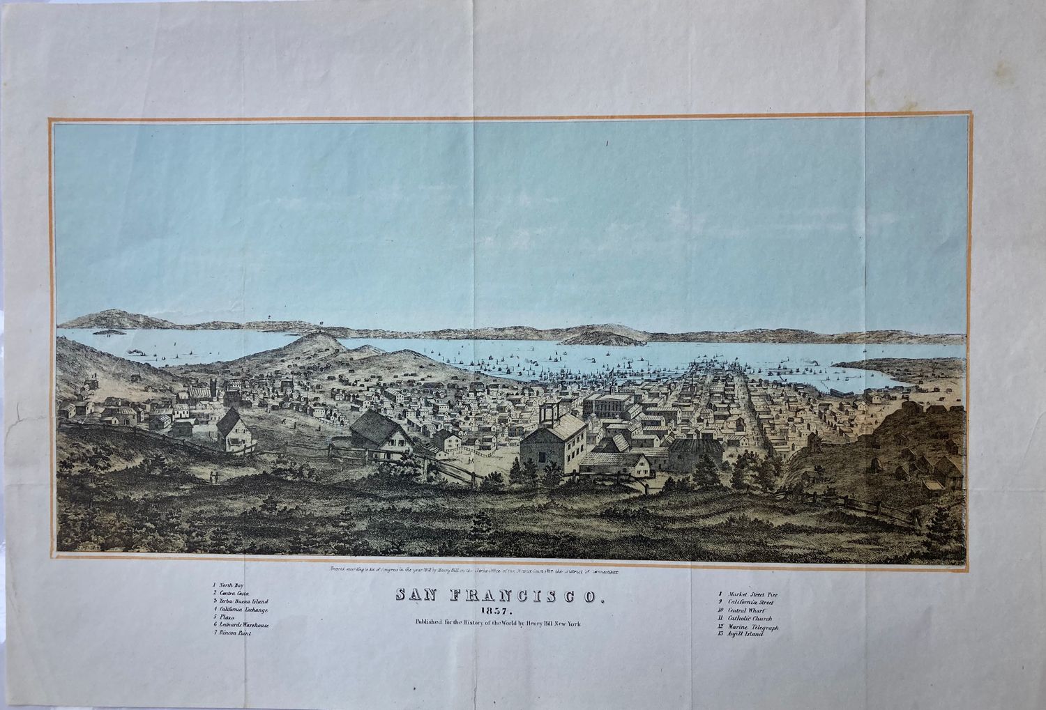 1857 View of San Francisco w/ legend from Henry Bill&#39;s History of the World