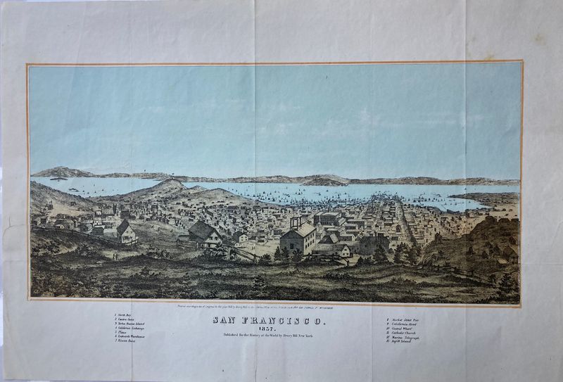 1857 View of San Francisco w/ legend from Henry Bill's History of the World