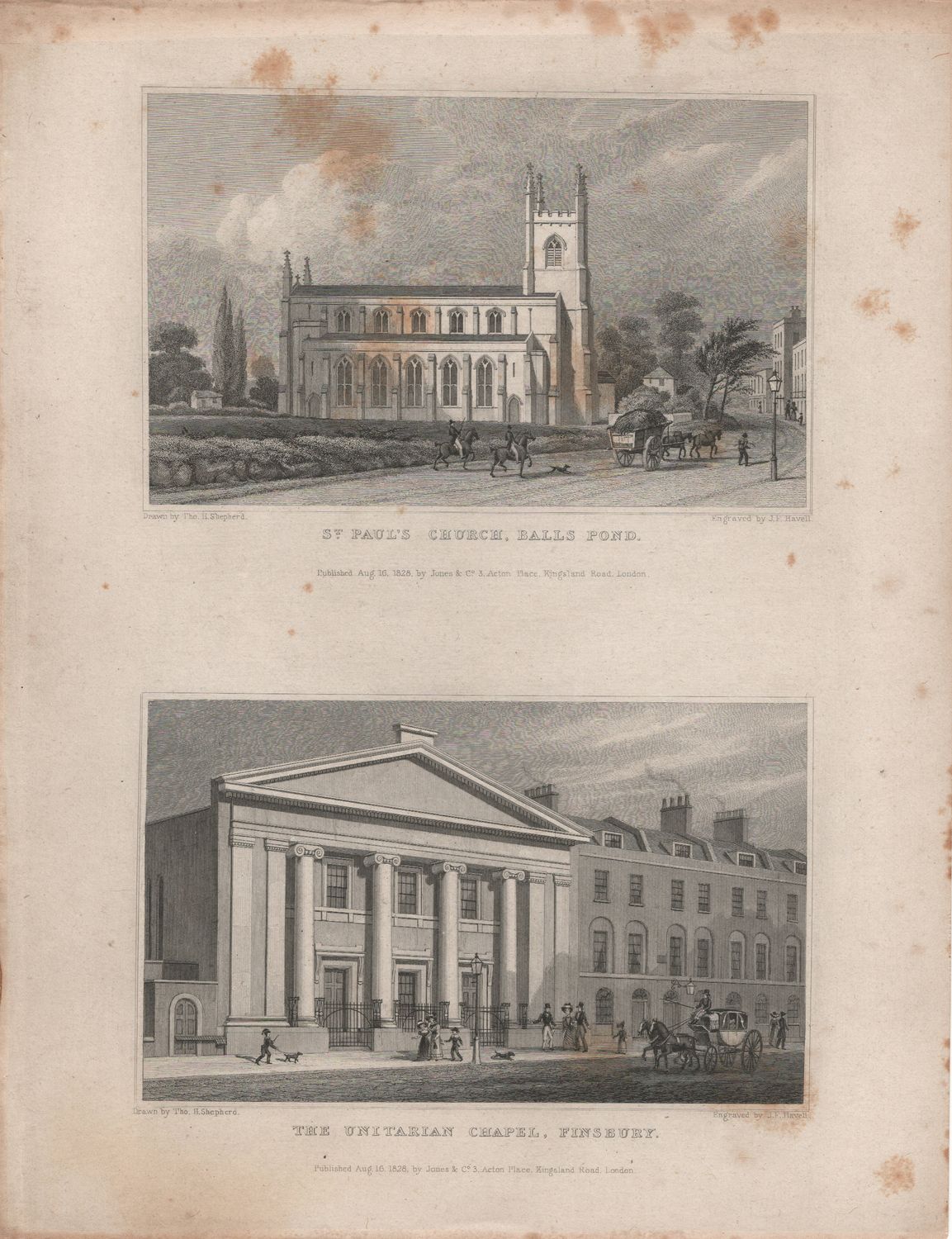 1829 View from &quot; London and its Environs &quot; by T. Shepherd - St Paul&#39;s Church, Balls Pond &amp; The Unitarian Chapel, Finsbury
