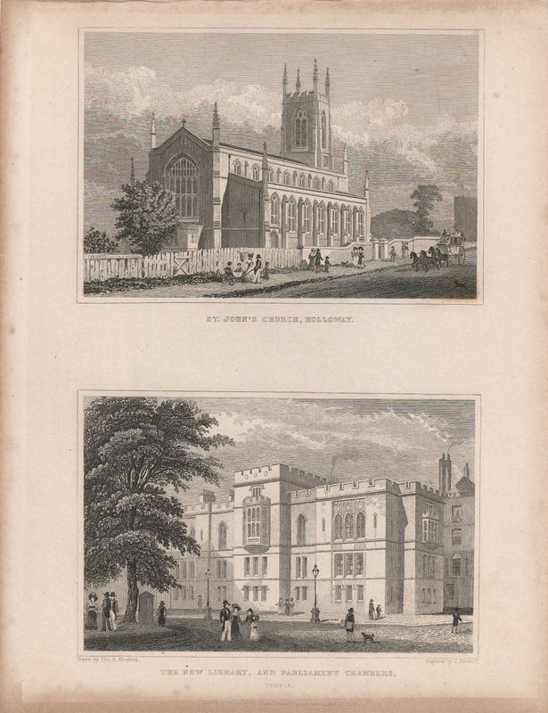 1829 View from " London and its Environs " by T. Shepherd - St John's Church &amp; The New Library &amp; Parliament Chambers