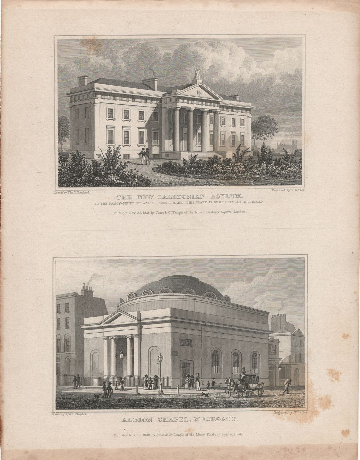 1829 View from " London and its Environs " by T. Shepherd - The New Caledonian Asylum &amp; Albion Chapel, Moorgate