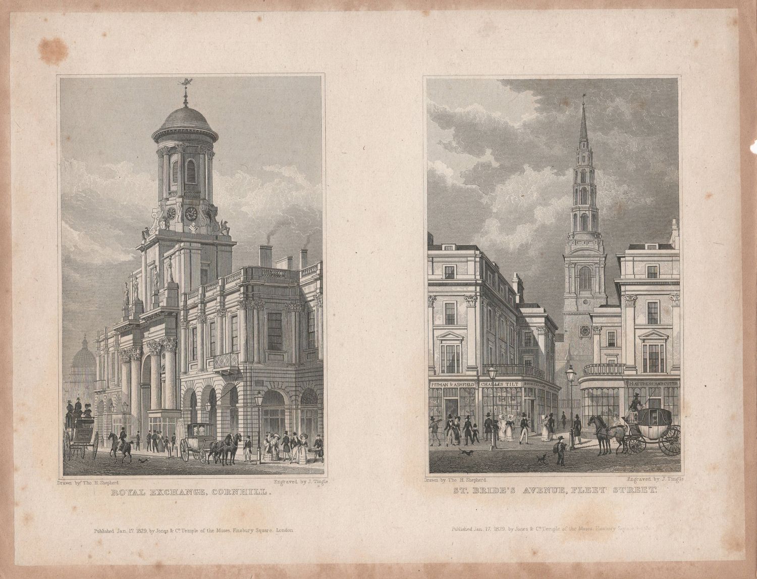 1829 View from " London and its Environs " by T. Shepherd - The Royal Exchange &amp; St Bride's Avenue Fleet Street