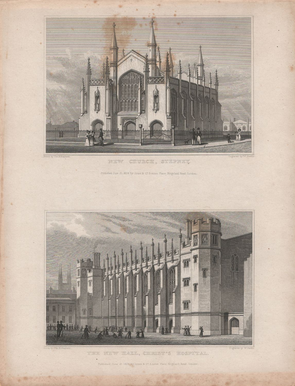 1829 View from &quot; London and its Environs &quot; by T. Shepherd - New Church Stepney &amp; New Hall Christ&#39;s Hospital