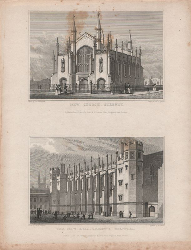 1829 View from " London and its Environs " by T. Shepherd - New Church Stepney &amp; New Hall Christ's Hospital