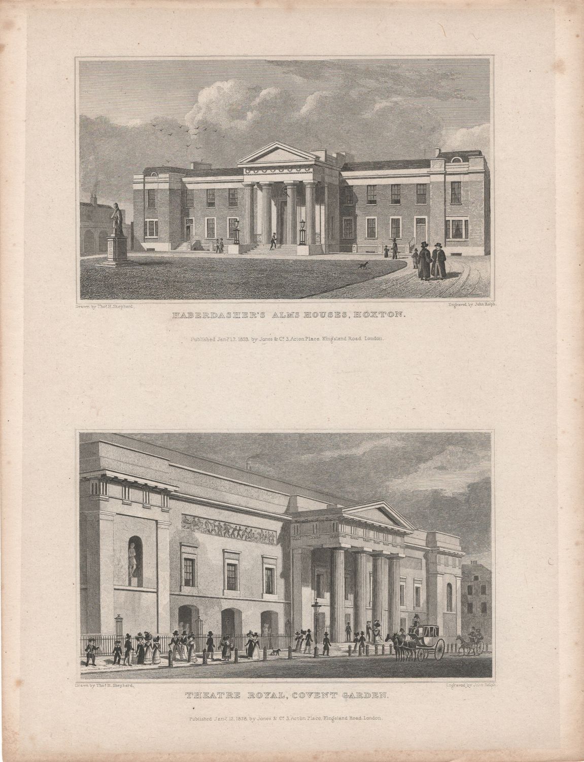 1829 View from &quot; London and its Environs &quot; by T. Shepherd - Convent Garden Theater Royal &amp; Haberdasher&#39;s Alms Houses
