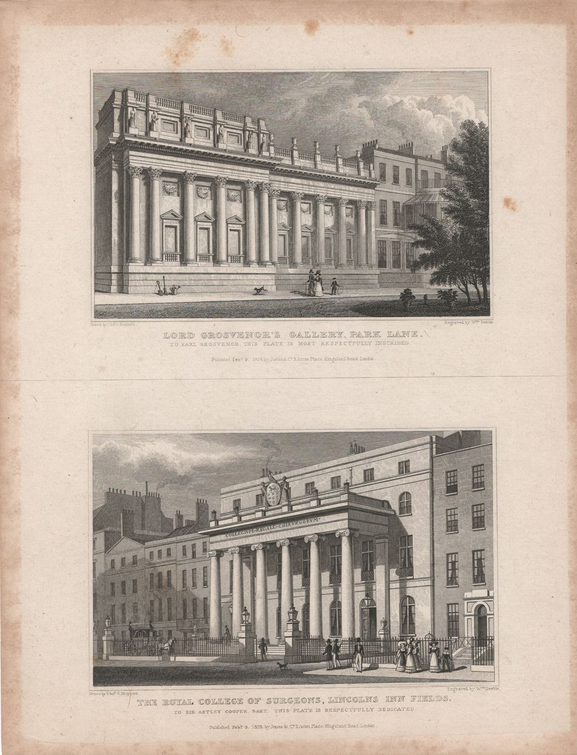 1829 View from &quot; London and its Environs &quot; by T. Shepherd - Lord Grosvenor&#39;s Gallery &amp; The Royal College of Surgeons