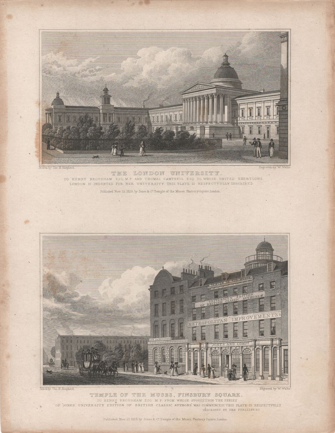 1829 View from " London and its Environs " by T. Shepherd - The London University &amp; The Temple of Muses